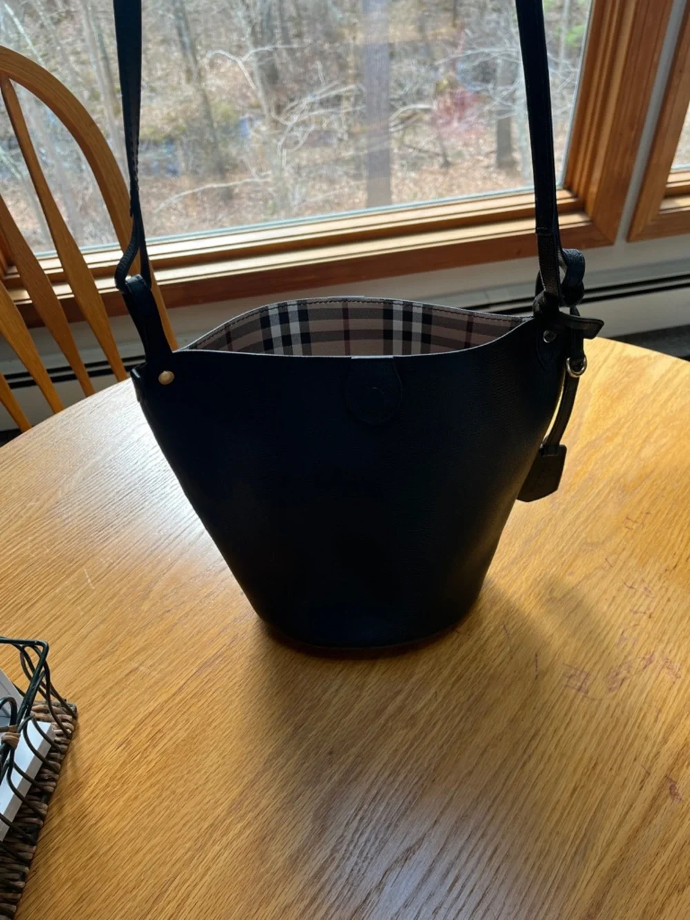 Burberry Black Leather-Style Bucket Tote with Plaid Lining
